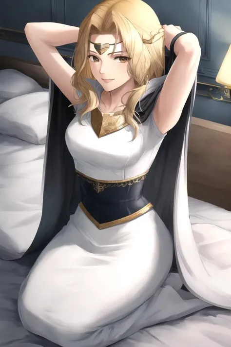 (masterpiece, best quality:1.2), edain, circlet, white dress, cape, from above, looking at viewer, smile, indoors, bed, bedroom, seiza, arms up,
<lora:edain-nvwls-v1:1>