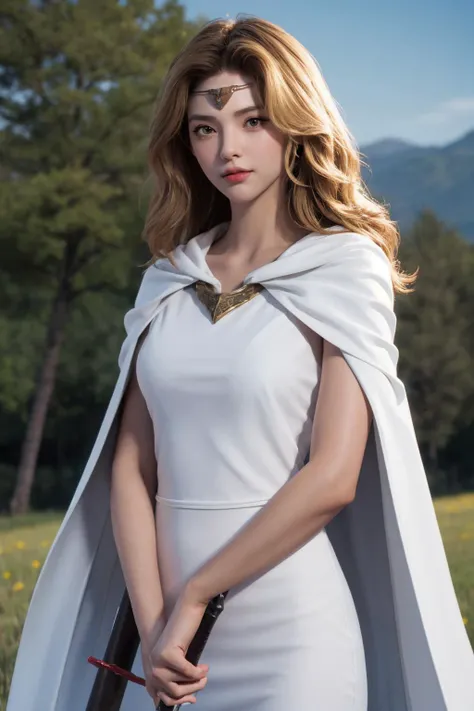masterpiece, best quality, <lora:edain-nvwls-v1:1> edain, circlet, white dress, white cape, cowboy shot, field, holding staff with both hands, looking at viewer, serious