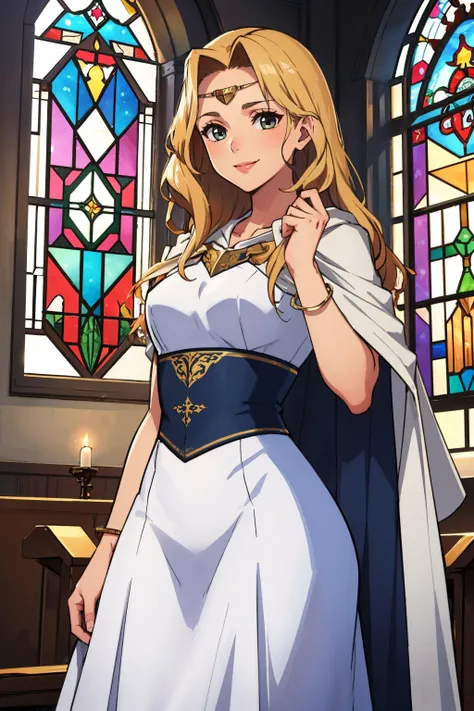 masterpiece, best quality, church, smile, stained glass windows
<lora:edain-nvwls-v1:0.8> edain, circlet, white dress, cape