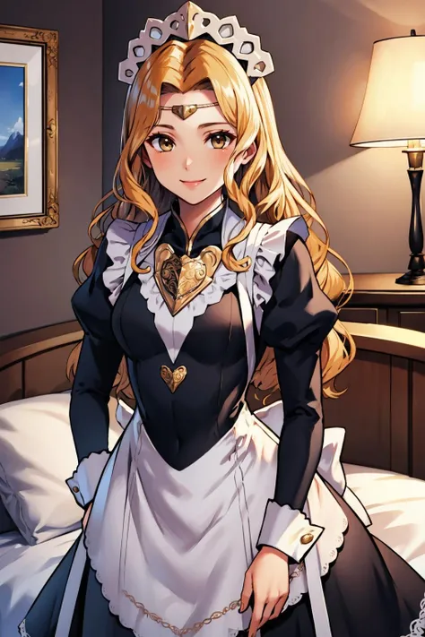 masterpiece, best quality,  <lora:pheros-nvwls-v1-000009:0.8> pheros, maid headdress, hair over one eye, large breasts,  <lora:FEFatesMaid_v1:1> fates maid, indoors, bedroom
