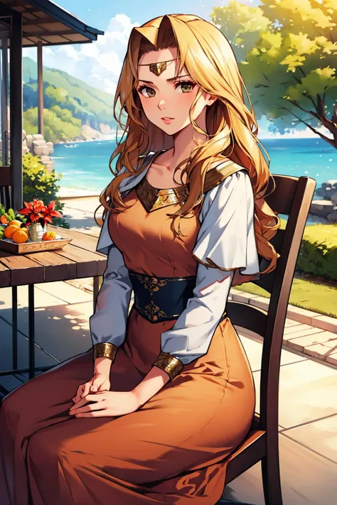 masterpiece, best quality, <lora:edain-nvwls-v1-000009:1> edain, circlet, orange dress, confused, sitting, chair, outdoors, looking at viewer