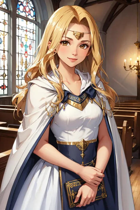 masterpiece, best quality, <lora:edain-nvwls-v1-000009:1> edain, circlet, white dress, cape, upper body, looking at viewer, smile, indoors, church