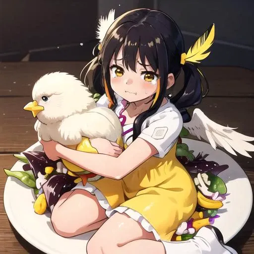 (trembling:1.5), young cute chicken girl, tied up, white short twintails with yellow ribbon, in very huge colorful salad plate, (hugging chick toy in arms:1.3), object hug, (looking at viewer), small breasts, kneeling, crying with eyes open, streaming tears, tears, sweat, sweatdrop, wet hair, (chick wings:1.3) ,chick tail, (yellow cute dress:1.3), (colorful salad:1.5), in plate, wet clothes, in dungeon, simple background, (chick feathers:1.3), dark, 
,<lora:aqua_crying_meme:0.5>, closed mouth, tears, wavy mouth, tearing up, pout