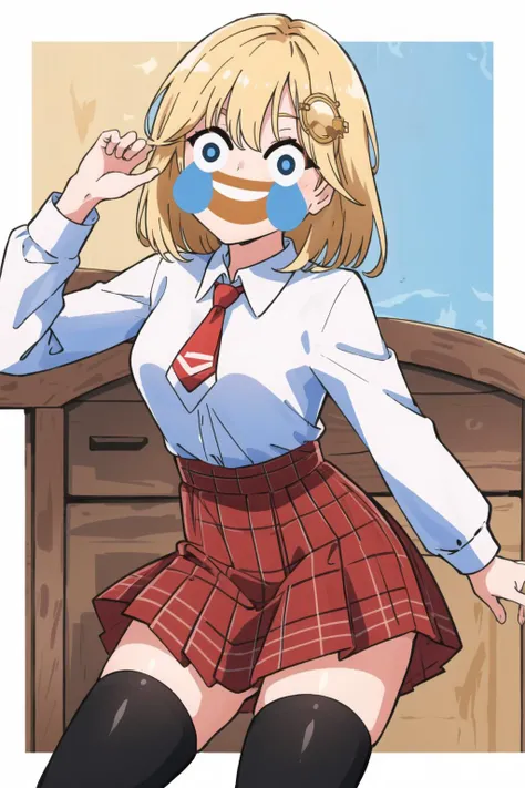 best quality, intricate details,
1girl, <lora:ameliaWatsonHololive_v2AllOutfits:0.8> amelia watson, monocle hair ornament, amelia_detective, collared shirt, red necktie, plaid skirt, thighhighs,
<lora:lmfaoEmojiFace_cookedlmaoji:0.8> agonymouth, emoji style, emoji face, meme face,