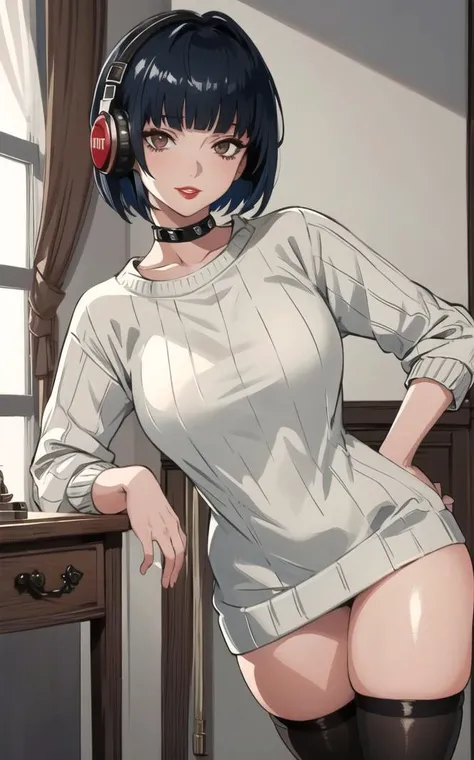 ((masterpiece)), (best quality), (ultra-detailed), best artist, realistic, 4k wallpaper, detailed face, (seductive smiling), 1girl, ((black bob hair)), ((blunt bangs)), ((sexy)), (erotic:1.2), headphones, (thigh highs, sweater:1.4), seductive, gamer girl, Tae Takemi, choker, (red lipstick, parted lips, seductive smiling), large breasts, thick thighs, skindentation, standing, cowboy shot, looking at viewer, indoors, oiled skin:0.4, (shiny skin), ((correct composition)) <lora:TaeTakemiV2:0.8>