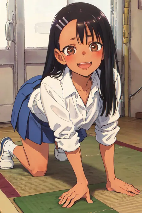 (masterpiece, best quality;1.3), extremely detailed ,ultra detailed, 1girl, solo, looking at viewer,detailed skin, 3d face, evil smile, open mouth,
nagatoro hayase, crawling on all fours, <lora:nagatoro hayaseV2:1>brown eyes, black hair, long hair, dark skin, hairclip, white shirt, blue skirt, school shoes