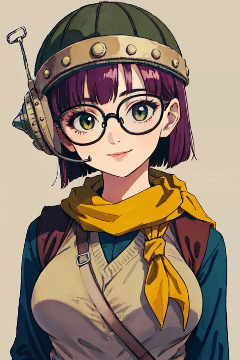 (masterpiece, best quality;1.3), extremely detailed ,ultra detailed, 1GIRL,solo, large breast, looking at viewer,
lucca, purple hair, short hair, helmet, glasses, standing, yellow scarf, vest, smile,
<lora:lucca:0.8>