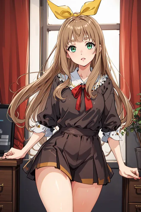 masterpiece, best quality, highres, yuuko1, 1girl, solo, green eyes, long hair, brown hair, yellow_hair_ribbon, bangs, eyebrows, <lora:yoshikawa_yuuko_v1:0.6>, thighs