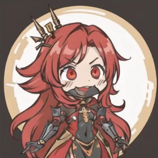 The picture shows a (cute) Adeptus Mechanicus girl. Her gaze is penetrating, and her face is hidden under a mask with monitors and LEDs. Graceful mechanical limbs complete her elegant appearance, and her outfit emphasizes her strength and uniqueness in the world of technology, big head, cute girl, red cloak , laughing, (((chibi)), ful body, full legth, <lora:chibi-laugh:0.9>, <lora:adeptus:0.5>