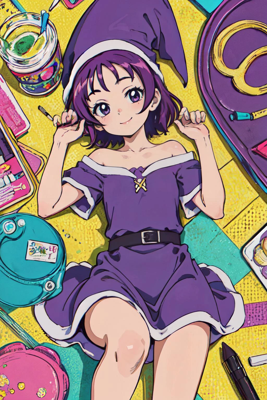 (masterpiece, best quality;1.3), extremely detailed picture, ultra detailed, <lora:onpu_segawa_v1_5:0.4>segawa onpu, onpucos01, onpuwitch01, purple dress, smile, looking at viewer lying on pop art,