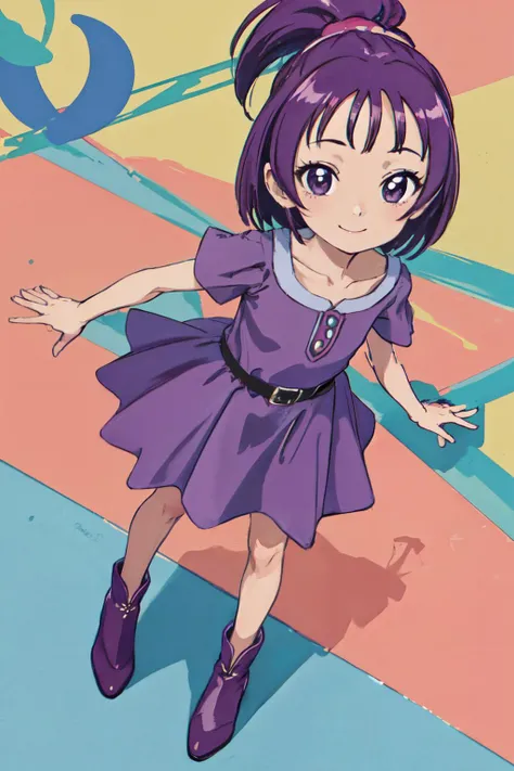 (masterpiece, best quality;1.3), extremely detailed picture, ultra detailed, <lora:onpu_segawa_v1_5:0.4>segawa onpu, onpucos01, onpuwitch01, purple dress, smile, looking at viewer, from above, full body,