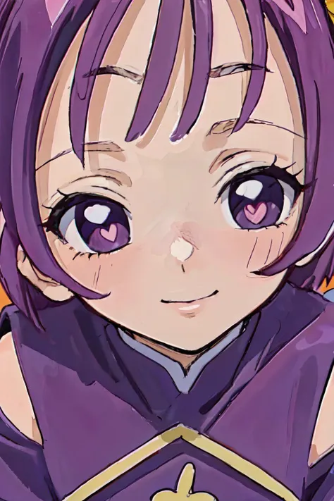(masterpiece, best quality;1.3), extremely detailed picture, ultra detailed, <lora:onpu_segawa_v1_5:0.8>segawa onpu, onpucos01, onpuwitch01, purple dress, smile, looking at viewer, facial close-up, <lora:heartstar:1>heart-shaped pupils, from above,