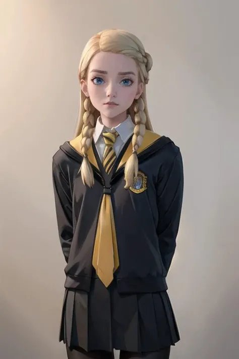Highly detailed, High Quality, Masterpiece, beautiful, (arms behind back:1.4), (upper body, medium breast, blue eyes, looking at viewer, 1girl, solo, face:1.1), pennyhaywood, hogwarts school uniform, black school uniform, black coat, black pantyhose, black boots, black skirt, white shirt, serious, determined, yellow necktie, striped necktie, white collared shirt, simple_background, <lora:PennyHaywood:0.7>