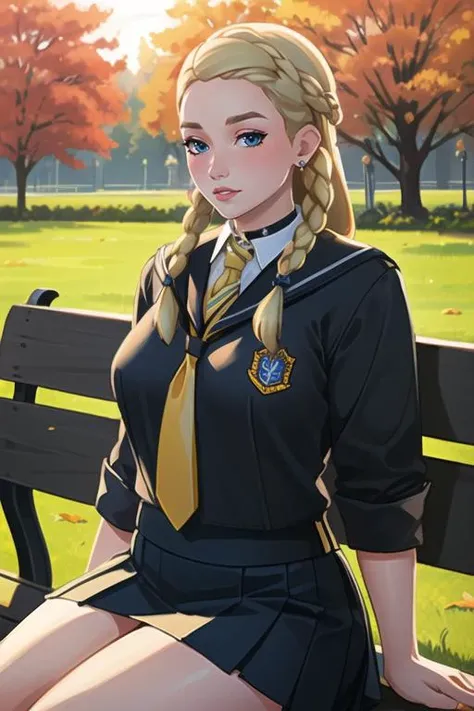 (best quality, ultra detailed), (full-face blush), (detailed background:1.2), (perfect face, detailed face), looking at viewer, (mature female:1.4), pennyhaywood, 1girl, long hair, solo, blue eyes, blonde hair, (thick lips:1.3), choker, school uniform, black skirt, jewelry, earrings, bow, shirt, big breasts, yellow necktie, striped necktie, miniskirt, sharp focus, trees, road, garden, sexually suggestive, puckered lips, (depth of field, autumn, curvy body, public park, sunset, outdoors, thick thighs, sitting at park bench), <lora:PennyHaywood:0.72>