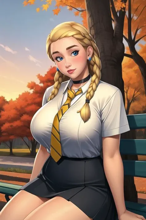 (best quality, ultra detailed), (full-face blush), (detailed background:1.2), (perfect face, detailed face), looking at viewer, (mature female:1.4), pennyhaywood, 1girl, long hair, solo, blue eyes, blonde hair, (thick lips:1.3), choker, school uniform, black skirt, jewelry, earrings, bow, shirt, big breasts, yellow necktie, striped necktie, miniskirt, sharp focus, trees, road, garden, sexually suggestive, puckered lips, (depth of field, autumn, curvy body, public park, sunset, outdoors, thick thighs, sitting at park bench), <lora:PennyHaywood:0.72>
