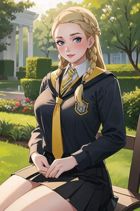 (best quality, ultra detailed), ((full-face blush)), (detailed background:1.2), (perfect face, detailed face), looking at viewer, (mature female:1.4), pennyhaywood, 1girl, long hair, solo, choker, school uniform, black skirt, jewelry, earrings, bow, shirt, big breasts, yellow necktie, striped necktie, miniskirt, (puckered lips, garden, outdoors, thick thighs, sitting), <lora:PennyHaywood:0.7>