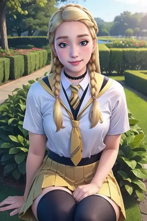 (best quality, ultra detailed), ((full-face blush)), (detailed background:1.2), (perfect face, detailed face), looking at viewer, (mature female:1.4), smile, pennyhaywood, 1girl, long hair, solo, choker, school uniform, skirt, jewelry, earrings, bow, shirt, medium breasts, yellow necktie, striped necktie, miniskirt, (garden, outdoors, thighs, sitting), <lora:PennyHaywood:0.7>