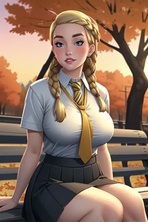 (best quality, ultra detailed), (full-face blush), (detailed background:1.2), (perfect face, detailed face), looking at viewer, (mature female:1.4), pennyhaywood, 1girl, long hair, solo, blue eyes, blonde hair, (thick lips:1.3), choker, school uniform, black skirt, jewelry, earrings, bow, shirt, big breasts, yellow necktie, striped necktie, miniskirt, sharp focus, trees, road, garden, sexually suggestive, puckered lips, (depth of field, autumn, curvy body, public park, sunset, outdoors, thick thighs, sitting at park bench), <lora:PennyHaywood:0.72>