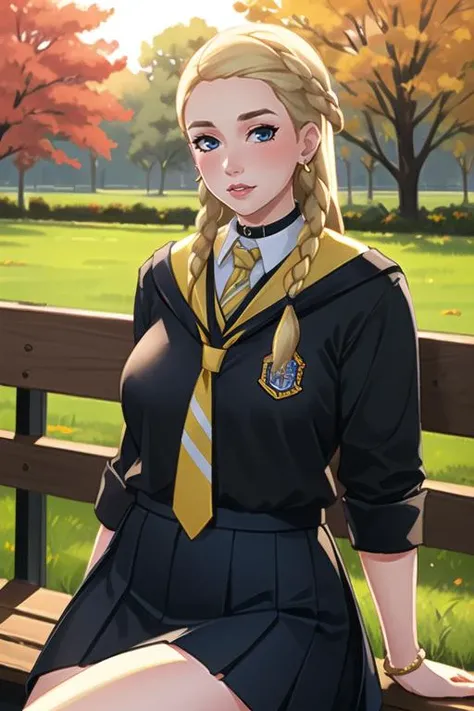 (best quality, ultra detailed), (full-face blush), (detailed background:1.2), (perfect face, detailed face), looking at viewer, (mature female:1.4), pennyhaywood, 1girl, long hair, solo, blue eyes, blonde hair, (thick lips:1.3), waist, narrow waist, (choker), school uniform, black skirt, jewelry, earrings, bow, shirt, big breasts, yellow necktie, striped necktie, miniskirt, sharp focus, trees, road, garden, sexually suggestive, puckered lips, (depth of field, autumn, curvy body, public park, sunset, outdoors, thick thighs, sitting at park bench), <lora:PennyHaywood:0.72>