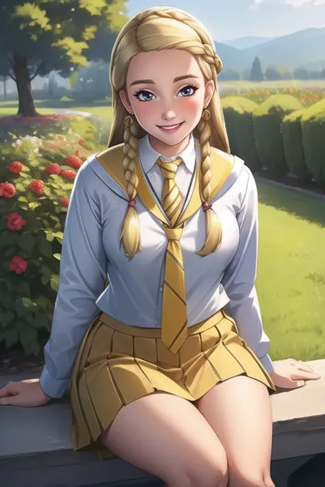 (best quality, ultra detailed), ((full-face blush)), (detailed background:1.2), (perfect face, detailed face), looking at viewer, (mature female:1.4), smile, pennyhaywood, 1girl, long hair, solo, choker, school uniform, skirt, jewelry, earrings, bow, shirt, medium breasts, yellow necktie, striped necktie, miniskirt, (garden, outdoors, thighs, sitting), <lora:PennyHaywood:0.7>