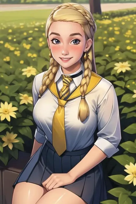 (best quality, ultra detailed), ((full-face blush)), (detailed background:1.2), (perfect face, detailed face), looking at viewer, (mature female:1.4), smile, pennyhaywood, 1girl, long hair, solo, choker, school uniform, skirt, jewelry, earrings, bow, shirt, medium breasts, yellow necktie, striped necktie, miniskirt, (garden, outdoors, thighs, sitting), <lora:PennyHaywood:0.7>