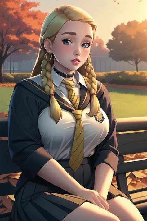 (best quality, ultra detailed), ((full-face blush)), (detailed background:1.2), (perfect face, detailed face), looking at viewer, (mature female:1.4), pennyhaywood, 1girl, long hair, solo, choker, school uniform, black skirt, jewelry, earrings, bow, shirt, big breasts, yellow necktie, striped necktie, miniskirt, (puckered lips, garden, outdoors, thick thighs, sitting), <lora:PennyHaywood:0.7>