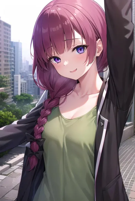 hiroikikuri, <lyco:kikurihiroi-lyco-nochekaiser:1>, 
kikuri hiroi, black bow, blunt bangs, braid, closed eyes, fang, hair bow, hair over shoulder, long hair, purple hair, sidelocks, single braid, smile,
BREAK black jacket, brown footwear, collarbone, dress, green dress, jacket, long sleeves, open clothes, open jacket, raglan sleeves, sandals, white sleeves,
BREAK outdoors, city, crowd, people,
BREAK looking at viewer, (cowboy shot:1.5), 
BREAK <lyco:GoodHands-beta2:1>, (masterpiece:1.2), best quality, high resolution, unity 8k wallpaper, (illustration:0.8), (beautiful detailed eyes:1.6), extremely detailed face, perfect lighting, extremely detailed CG, (perfect hands, perfect anatomy),