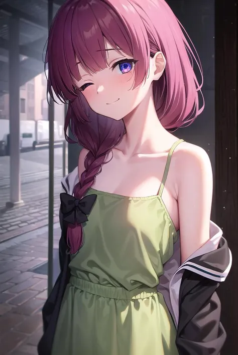 hiroikikuri, <lyco:kikurihiroi-lyco-nochekaiser:1>, 
kikuri hiroi, black bow, blunt bangs, braid, closed eyes, fang, hair bow, hair over shoulder, long hair, purple hair, sidelocks, single braid, smile,
BREAK black jacket, brown footwear, collarbone, dress, green dress, jacket, long sleeves, open clothes, open jacket, raglan sleeves, sandals, white sleeves,
BREAK outdoors, city, crowd, people,
BREAK looking at viewer, (cowboy shot:1.5), 
BREAK <lyco:GoodHands-beta2:1>, (masterpiece:1.2), best quality, high resolution, unity 8k wallpaper, (illustration:0.8), (beautiful detailed eyes:1.6), extremely detailed face, perfect lighting, extremely detailed CG, (perfect hands, perfect anatomy),