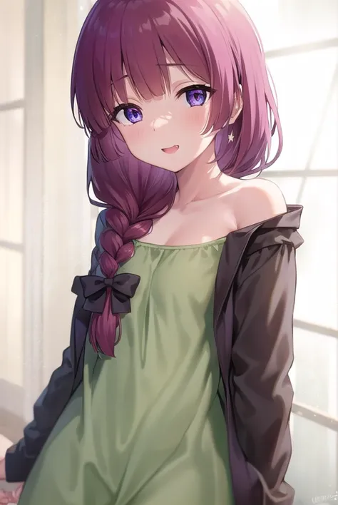 hiroikikuri, <lyco:kikurihiroi-lyco-nochekaiser:1>, 
kikuri hiroi, black bow, blunt bangs, braid, closed eyes, fang, hair bow, hair over shoulder, long hair, purple hair, sidelocks, single braid, smile,
BREAK black jacket, brown footwear, collarbone, dress, green dress, jacket, long sleeves, open clothes, open jacket, raglan sleeves, sandals, white sleeves,
BREAK outdoors, city, crowd, people,
BREAK looking at viewer, (cowboy shot:1.5), 
BREAK <lyco:GoodHands-beta2:1>, (masterpiece:1.2), best quality, high resolution, unity 8k wallpaper, (illustration:0.8), (beautiful detailed eyes:1.6), extremely detailed face, perfect lighting, extremely detailed CG, (perfect hands, perfect anatomy),