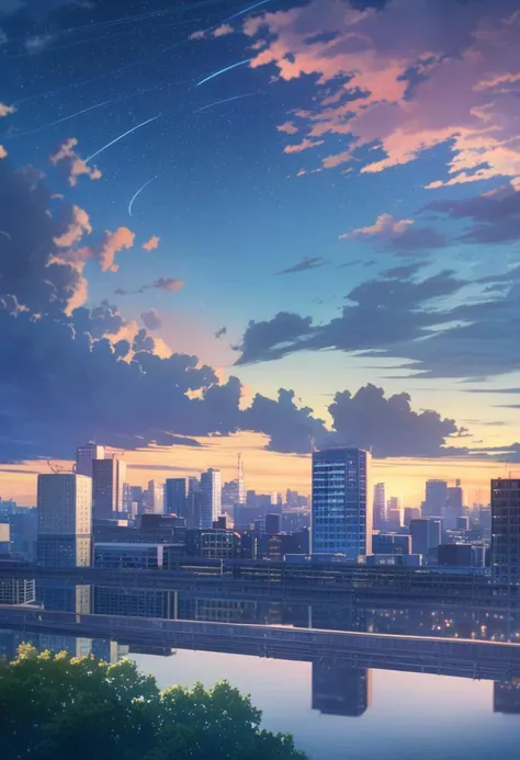 kimi no na wa., building, cityscape, cloud, cloudy sky, gradient sky, lens flare, no humans, outdoors, power lines, scenery, shooting star, sky, sparkle, star \(sky\), starry sky, sunset, tree, utility pole