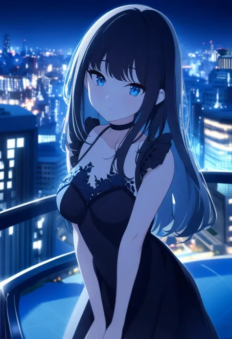 1girl, jewelry blue eyes, multicolored [black:blue:0.6] hair, medium breasts, bangs, medium straight hair, dress, detailed face, night view, city, absurdres