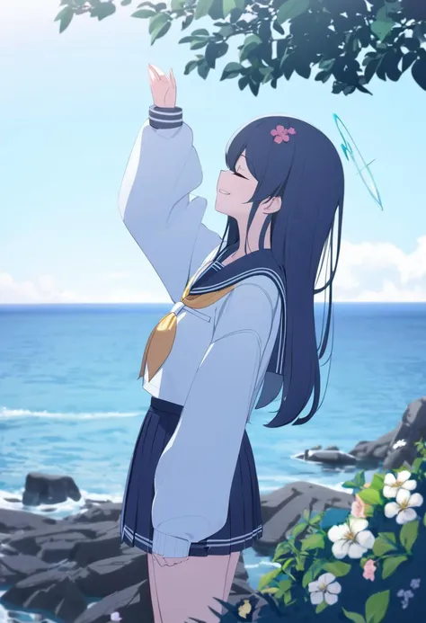 1girl, original, outdoors, ocean, arm up, black hair, blue sailor collar, blue skirt, closed eyes, flower, from side, hair between eyes, hair flower, hair ornament, long hair, miniskirt, neckerchief, parted lips, pleated skirt, sailor collar, school uniform, serafuku, shirt, skirt, smile, solo, standing, tree, water, white shirt