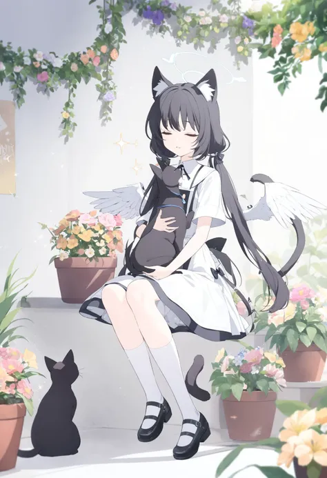 1girl, original, animal, animal ears, animal on head, bird, bird on head, black cat, black footwear, black hair, cat, cat ears, closed eyes, closed mouth, dress, feathered wings, flower, holding, holding flower, long hair, low twintails, parted lips, plant, potted plant, short sleeves, socks, solo, sparkle, twintails, white dress, white socks, white wings, wings