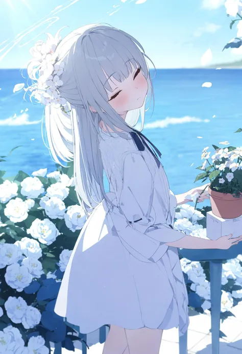 1girl, original, flower, outdoors, bare legs, blush, box, closed eyes, closed mouth, cloud, blue sky, dress, grey hair, head tilt, holding, holding flower, long hair, looking at viewer, ocean, petals, plant, potted plant, sky, solo, sunlight, water, white dress, blurry background, standing, absurdres