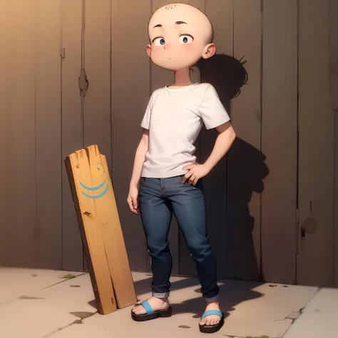 ((masterpiece, best quality)),solo,1boy, full body, Jonny2x4, bald, white shirt, <lora:Jonny2x4_v308v106:0.6>, blue pants, sandals, standing,