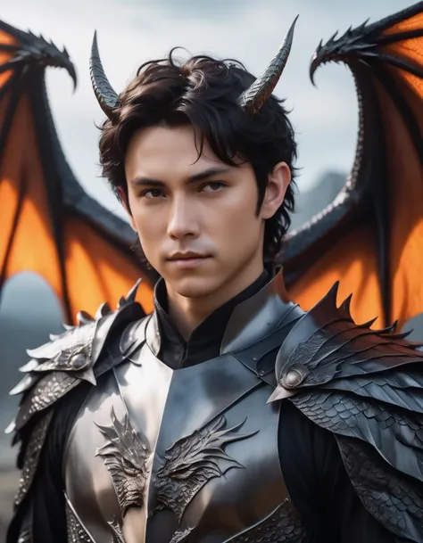 A 14-year-old dragon hybrid boy with green dragon wings and tail and brown horns 