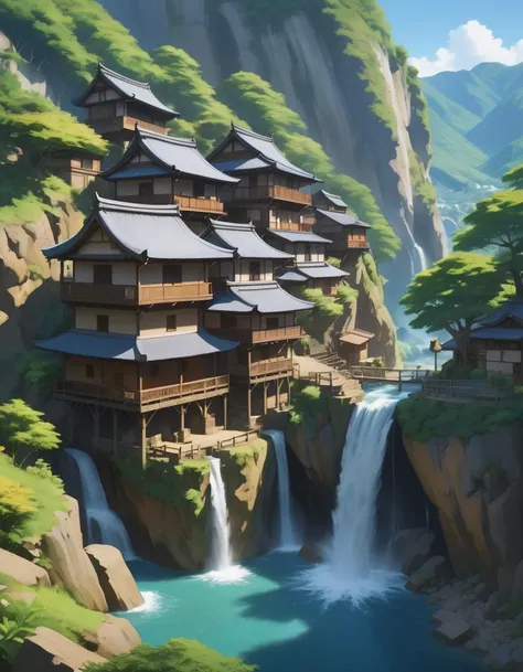 An anime portrayal of a hidden waterfall village, homes carved into cliffs, characters fetching water, tranquil ambiance