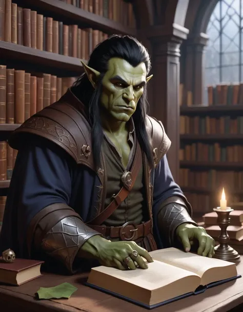 Half-orc wizard, mystical library, arcane knowledge, inspired by Erol Otus' fantasy artwork