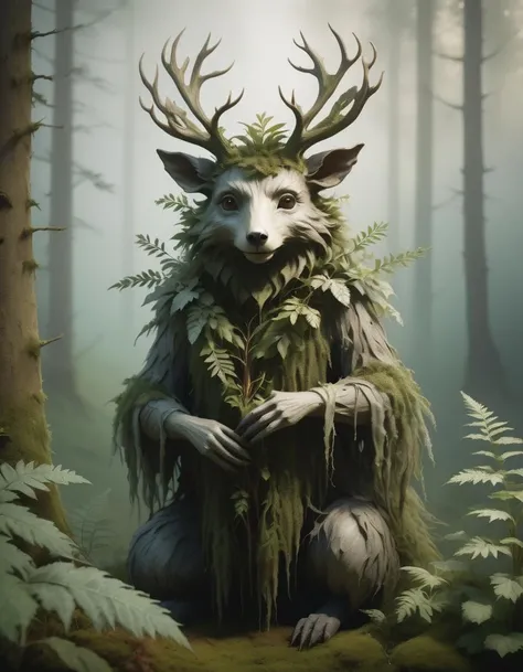 A forest creature made from dense fog, surrounded by mist and lush vegetation. In the style of Wendy Froud's eco-art.