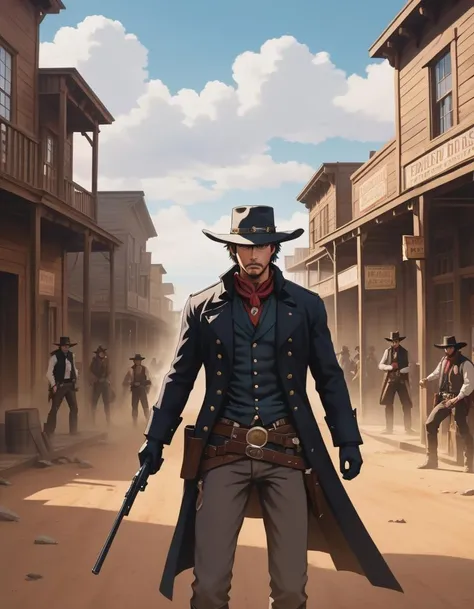 An anime illustration of a wild west showdown, gunslingers, tense atmosphere, dusty main street