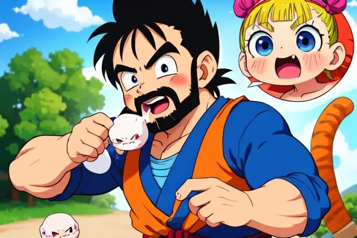1male, a macho man eats (a cat-shaped mochi:1.2), muscular, manly, food, eating, dragon ball style, dragon quest style, mahoujin_guruguru, beard, chinatown