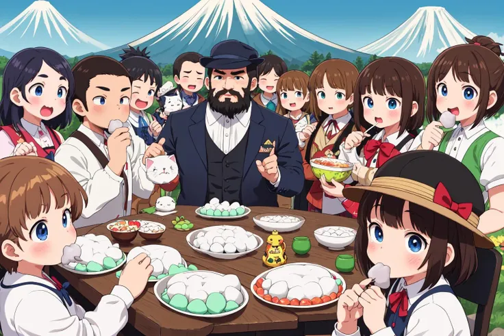 absurd res, group, 8+boys, 8+girls,
macho man eating (a cat-shaped mochi:1.1), dandy male, manly, muscular, beard, best quality, mount fuji, east asian taste world