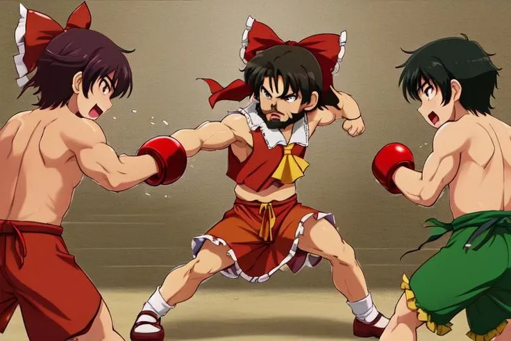 (3 boys, trio:1.5), (mens in reimu costume:1.2) fighting each other, touhou, battle, knuckle, muscular, street fight, manly, hokuto no ken, (beard:1.1), macho, hokuto no ken, street fighter, martial arts, capcom vs snk