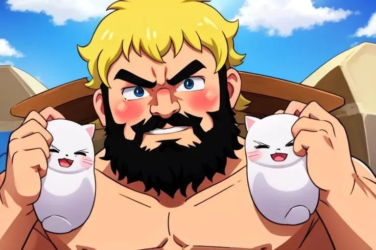 udberg_eldol, macho man eats (a cat-shaped mochi:1.2), muscular, manly, food, eating, mahoujin guruguru style, beard
