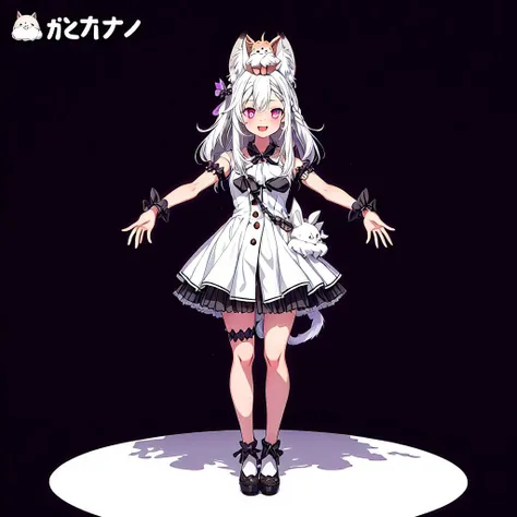 siromiya mimi,<lyco:siromiya mimi:0.7>,1girl, virtual youtuber, animal ears, open mouth, long hair, full body, braid, dress, purple eyes, smile, on head, animal on head, white background, white hair, animal ear fluff, simple background,<lora:flat2:-1>,<lora:boldline:-0.5>