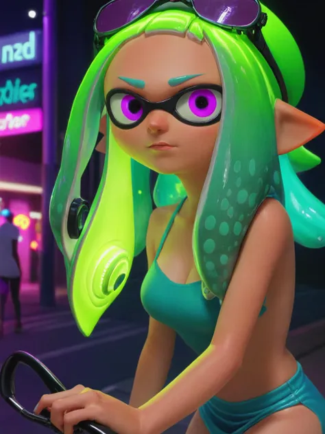 <lora:add-detail-xl:1> <lora:AiArtsChannel_Inkling:1> A close-up of an inklingâs face, green eyes,  purple hair, headphones, sunglasses, in neon city,  at night.