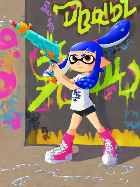 <lora:add-detail-xl:1> <lora:AiArtsChannel_Inkling:1> inkling, water gun, blue hair, in a city, murales, graffiti