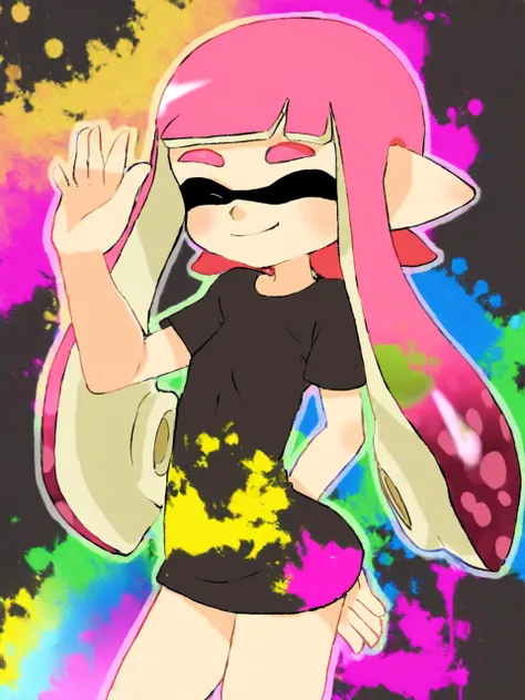 <lora:add-detail-xl:1> <lora:AiArtsChannel_Inkling:1> masterpiece, 1girl, solo, long hair, smile, long hair, black shirt, closed eyes, pink hair, short sleeves, cowboy shot, tentacle hair, rainbow, colorful background, inkling, inkling girl