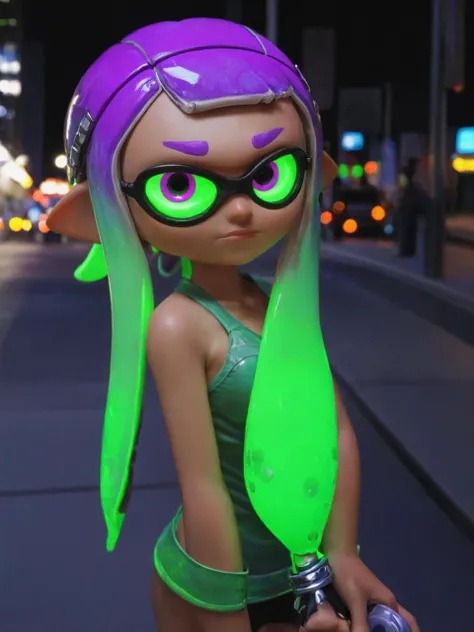 <lora:add-detail-xl:1> <lora:AiArtsChannel_Inkling:1> A close-up of an inklingâs face, green eyes, purple hair, headphones, sunglasses, in neon city, at night.