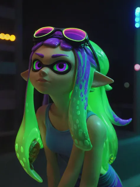 <lora:add-detail-xl:1> <lora:AiArtsChannel_Inkling:1> A close-up of an inklingâs face, green eyes,  purple hair, headphones, sunglasses, in neon city,  at night.